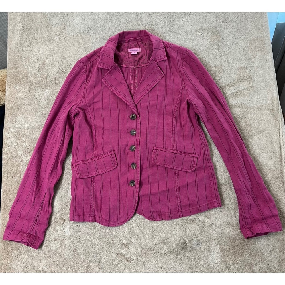 Sundance Pin Striped Linen-Blend Blazer Women's Small Fuchsia Long Sleeve GOOD